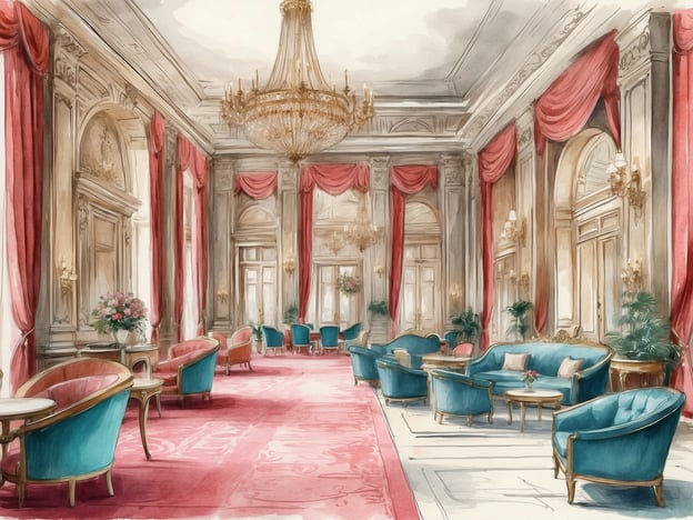 Auf dem Bild ist eine elegante Hotel-Lobby oder Lounge zu sehen. Der Raum ist sehr großzügig gestaltet und zeigt hohen Decken mit einem großen Kronleuchter. Die Wände sind geschmackvoll verziert, und große Fenster lassen viel Licht herein.Die Einrichtung besteht aus stilvollen Möbeln in Türkis und Gold, darunter bequeme Sessel und Sofas, die um kleine Tische gruppiert sind. Rote Vorhänge und Teppiche verleihen dem Raum eine warme, luxuriöse Atmosphäre. Zudem sind einige Pflanzen und Blumenarrangements vorhanden, die die Eleganz des Raumes unterstreichen. Insgesamt vermittelt der Raum eine einladende und gehobene Stimmung, die ideal für entspannte Gespräche oder einen Moment der Ruhe ist.