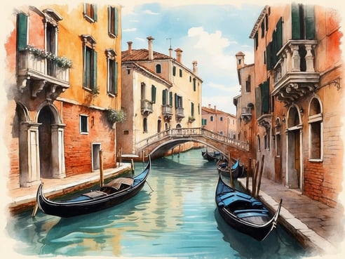 Eine malerische Kanalszene in Venedig zeigt enge, mit historischen Gebäuden gesäumte Gassen. Auf einem ruhigen Wasserweg schaukeln stilvolle Gondeln, die typisch für die Stadt sind. Eine charmante Brücke verbindet die beiden Seiten des Kanals, während die Fassaden der Gebäude in warmen Erdtönen leuchten. Grüne Fensterläden und Blumenkästen verleihen dem Bild einen Hauch von Gemütlichkeit und alter Welt. Der klare Himmel und die sanften Wasserbewegungen schaffen eine friedliche Atmosphäre, die an vergangene Zeiten erinnert.