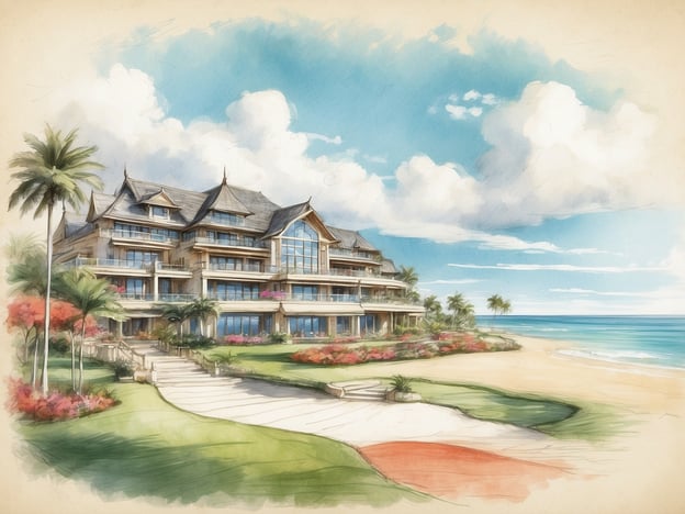 Auf dem Bild ist eine künstlerische Darstellung eines Resorts zu sehen, das an einem Strand liegt. Es zeigt ein großes, mehrstöckiges Gebäude mit einem traditionellen architektonischen Stil, umgeben von Palmen und bunten Blumen. Im Hintergrund sind das Meer und der Himmel mit Wolken zu sehen.Die Geschichte des Desaru Coast Resorts ist geprägt von seiner Lage in Malaysia, bekannt für seine tropischen Strände und als beliebtes Urlaubsziel. Das Resort bietet eine Vielzahl von Freizeitmöglichkeiten, darunter Wassersport, Golf und Spa-Behandlungen. Es zielt darauf ab, Gästen ein luxuriöses und entspannendes Erlebnis inmitten der natürlichen Schönheit der Küste zu bieten.