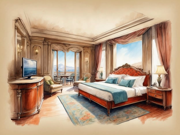 Auf dem Bild ist ein luxuriöses Hotelzimmer zu sehen. Das Zimmer bietet eine elegante Einrichtung mit einem großen, bequemen Bett und einem stilvollen Nachttisch. Es gibt einen Flachbildfernseher, der gut sichtbar positioniert ist.Die Fenster mit Blick auf die Berge lassen viel natürliches Licht herein und bieten eine wunderschöne Aussicht. Ein gemütlicher Sitzbereich mit einem Tisch und Stühlen lädt zum Entspannen ein. Die warmen Farbtöne und die kunstvollen Details schaffen eine einladende Atmosphäre. Insgesamt spiegelt das Zimmer hohe Annehmlichkeiten und Komfort wider, die in einem erstklassigen Resort erwartet werden.