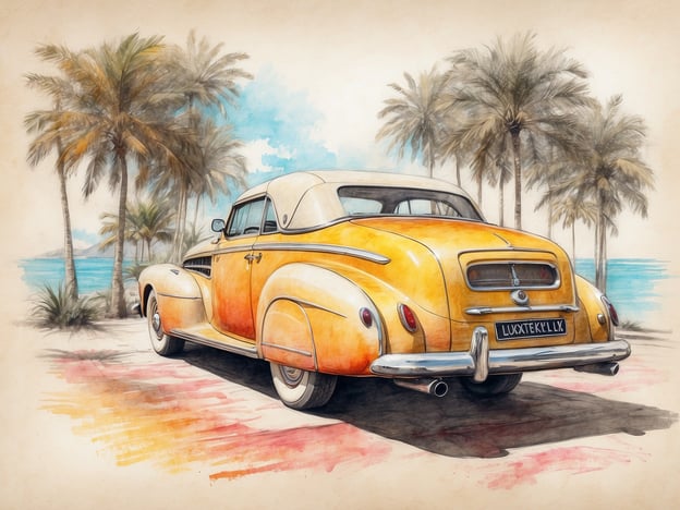 Auf dem Bild ist ein klassisches, gelbes Auto zu sehen, das vor einer schönen Küstenlandschaft mit Palmen parkend abgebildet ist. Der Hintergrund zeigt helles Wasser und möglicherweise einen Strand, was eine entspannte, tropische Atmosphäre vermittelt.Die Kihavah Villas in den Malediven bieten eine idyllische Umgebung für Urlauber, kombiniert mit luxuriösen Unterkünften. Sie zeichnen sich durch private Villen aus, die oft mit eigenen Pools und direktem Zugang zum Strand ausgestattet sind. Die perfekte Kulisse für Erholung und Entspannung wird ergänzt durch exzellenten Service, Gourmet-Restaurants und zahlreiche Freizeitaktivitäten im Wasser und an Land.
