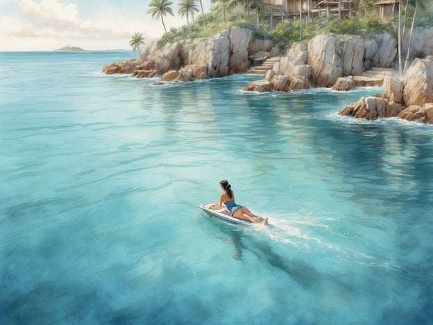 Auf dem Bild ist eine Person zu sehen, die auf einem Wasserfahrzeug über die türkisfarbene Lagune fährt. Diese Szene könnte wunderbar auf den Malediven spielen, wo man zahlreiche Wassersportaktivitäten genießen kann.Dort könnte man beispielsweise:1. **Wasserski fahren** – Ein aufregendes Erlebnis auf dem Wasser.2. **Schnorcheln** – Die einzigartige Unterwasserwelt der Korallenriffe erkunden.3. **Stand-Up-Paddling** – In ruhigen Gewässern entspannen und die Natur genießen.4. **Bootstouren unternehmen** – Um die umliegenden Inseln zu entdecken und die atemberaubende Landschaft zu genießen.5. **Fischen** – Entspannt in den Gewässern nach tropischen Fischen angeln.Die Malediven bieten eine perfekte Kulisse für solche Aktivitäten mit ihren herrlichen Stränden und glitzerndem Wasser.