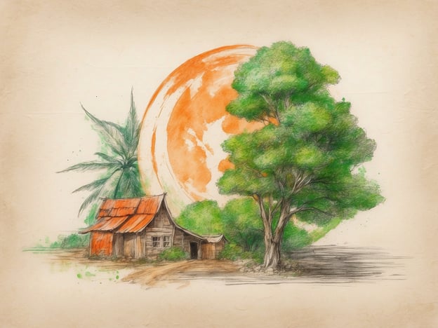 Auf dem Bild ist eine skizzenhafte Darstellung eines kleinen Hauses, umgeben von Bäumen und Pflanzen, sowie einer großen, orangefarbenen Sonne im Hintergrund. Diese Szene vermittelt ein Gefühl von Naturverbundenheit und ländlicher Idylle.Anantara Hotels & Resorts legt großen Wert auf Nachhaltigkeit und Umweltschutz. Sie integrieren lokale Traditionen in ihre Designansätze und fördern umweltfreundliche Praktiken. Dazu gehören die Verwendung nachhaltiger Materialien, der Schutz der lokalen Flora und Fauna sowie Initiativen zur Reduzierung des ökologischen Fußabdrucks. Die Abbildung könnte somit auch symbolisch für die Werte von Anantara stehen, die die harmonische Verbindung von Mensch und Natur betonen.