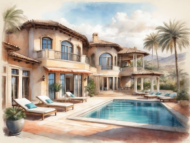 Auf dem Bild ist eine elegante Villa zu sehen, die sich mit Blick auf einen Pool und eine gepflegte Außenanlage präsentiert. Die Unterkunft bietet umfangreiche Ausstattungselemente:- **Exterieur**: Die Villa hat eine mediterrane Architektur mit einem großzügigen überdachten Bereich und großen Fenstern, die viel Licht ins Innere lassen.- **Poolbereich**: Ein ansprechender Swimmingpool ist vorhanden, umgeben von Sonnenliegen, die zum Entspannen einladen.- **Garten**: Der Außenbereich ist mit Palmen und Pflanzen gestaltet, was ein tropisches Ambiente schafft.- **Terrasse**: Es gibt eine großzügige Terrasse mit ausreichenden Sitzgelegenheiten, die ideal für gesellschaftliche Zusammenkünfte ist.Insgesamt vermittelt die Villa einen luxuriösen und einladenden Eindruck, perfekt für einen erholsamen Aufenthalt.