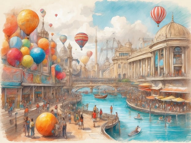 Auf dem Bild ist eine lebendige und farbenfrohe Stadtansicht zu sehen, die von einer Vielzahl an Aktivitäten und Erlebnissen geprägt ist. Über dem Kanal schwebende Heißluftballons in unterschiedlichen Farben schaffen eine festliche Atmosphäre. Entlang der Uferpromenade bewegen sich Menschen, die an einem belebten Marktplatz oder Fest teilnehmen könnten, während Boote gemächlich auf dem Wasser fahren.Die Architektur ist eindrucksvoll, mit prunkvollen Gebäuden und einer Brücke, die die Szenerie verbindet. Zusätzlich tragen große, bunte Luftballons zur Freude und zum Trubel bei, was den Eindruck von einem Fest oder einem besonderen Ereignis verstärkt. Die Vielfalt an Menschen und Aktivitäten lässt vermuten, dass es viele Möglichkeiten für Spaß und Gemeinschaft gibt.