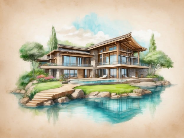 Auf dem Bild ist eine stilisierte Darstellung eines eleganten Ferienhauses zu sehen, das sich harmonisch in eine natürliche Umgebung einfügt. Diese Art von Architektur, wie sie auf den Niyama Private Islands zu finden ist, legt großen Wert auf Nachhaltigkeit und Umweltschutz.Die Verwendung von natürlichen Materialien und die Integration in die Landschaft fördern den Erhalt der lokalen Flora und Fauna. Zudem werden umweltfreundliche Technologien eingesetzt, um den Energieverbrauch zu minimieren und die natürliche Schönheit der maledivischen Inseln zu bewahren. Solche Ansätze tragen dazu bei, die ökologische Balance zu unterstützen und den Gästen ein unvergessliches Erlebnis inmitten unberührter Natur zu bieten.