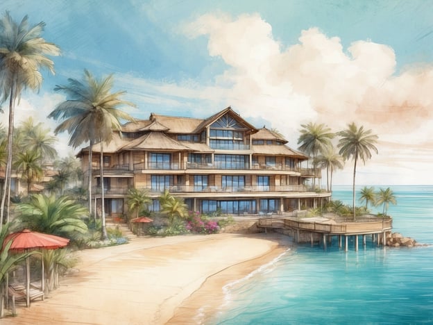 Auf dem Bild ist eine künstlerische Darstellung eines Strandresorts zu sehen, das an der Küste steht. Es zeigt ein mehrstöckiges Gebäude mit großen Fenstern, das von Palmen und tropischer Vegetation umgeben ist. Vor dem Resort erstreckt sich ein sandiger Strand und das klare Wasser des Meeres.Das Iko Mauritius Resort ist ein luxuriöses Feriendomizil, das seinen Gästen eine Kombination aus entspannendem Strandurlaub und erstklassigen Annehmlichkeiten bietet. Es ist bekannt für seine malerische Lage, die eine atemberaubende Aussicht und eine friedliche Atmosphäre schafft. Das Resort bietet verschiedene Freizeitmöglichkeiten, darunter Wassersportarten, Wellness-Angebote und exquisite Gastronomie, um den Aufenthalt unvergesslich zu machen.