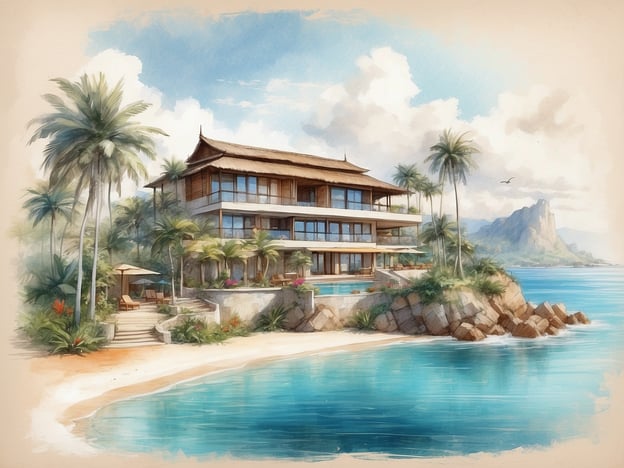 Auf dem Bild ist eine malerische Ansicht eines modernen Resorts zu sehen, das direkt am Wasser liegt. Es hat eine elegante Architektur mit mehreren Etagen, großen Fenstern und einem traditionellen Dach. Umgeben von tropischen Pflanzen und Palmen bietet es einen direkten Blick auf das Meer. Der Eingang zum Resort führt über eine Treppe, die von einer schönen Landschaft umgeben ist, und es gibt einen Bereich mit Liegen und Sonnenschirmen. Die Szenerie vermittelt eine entspannte, tropische Urlaubsatmosphäre.Das Bazaruto Island Resort ist bekannt für seine atemberaubende Lage auf den Bazaruto-Inseln in Mosambik. Es bietet luxuriöse Unterkünfte, eine Vielzahl von Aktivitäten wie Tauchen und Schnorcheln sowie entspannende Wellnessangebote. Die natürliche Schönheit der Umgebung zieht Reisende an, die Entspannung und Abenteuer in einem exotischen Setting suchen.