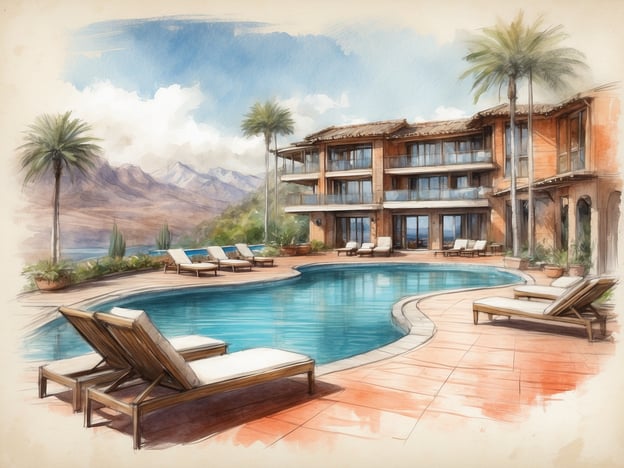 Auf dem Bild ist ein Hotel oder ein Resort zu sehen, das sich um einen Swimmingpool gruppiert. Um den Pool herum befinden sich mehrere Sonnenliegen, die zum Entspannen einladen. Im Hintergrund erkennt man mehrere Etagen von Zimmern oder Suiten, die anscheinend einen schönen Ausblick auf die Landschaft bieten.Die Umgebung ist durch Palmen und eine malerische Berglandschaft gekennzeichnet, was eine entspannende Atmosphäre schafft. Die Annehmlichkeiten scheinen die Nutzung des Pools und den Zugang zu komfortablen Liegen einzuschließen, ideal für einen erholsamen Aufenthalt.