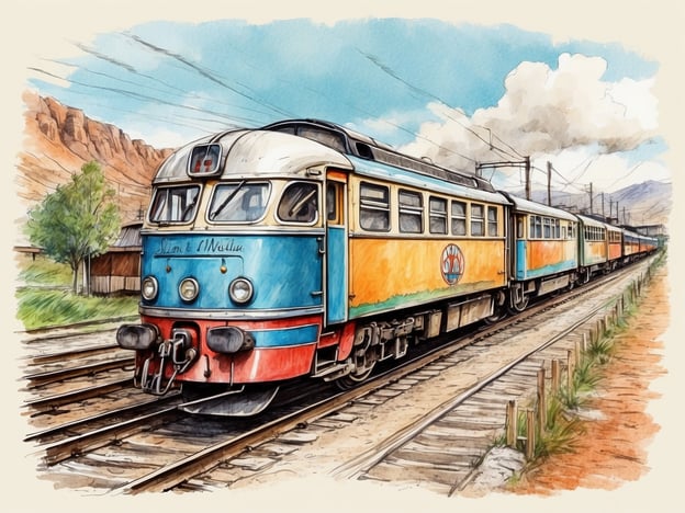 Auf dem Bild ist eine farbenfrohe Zuglokomotive und mehrere Waggons zu sehen, die auf einem Schienenweg fahren. Die Szenerie scheint eine malerische Landschaft mit Bäumen und Bergen im Hintergrund darzustellen.In Bezug auf "Die Geschichte der Alsterseen" könnte man sagen, dass die Züge oft eine Verbindung zwischen verschiedenen Orten schaffen, ähnlich wie die Alsterseen in Hamburg als Treffpunkte und Erholungsorte dienen. Die Alster selbst zieht viele Menschen an, die die Natur genießen, während die Züge oft Reisende zu den vielfältigen Landschaften und Sehenswürdigkeiten bringen. Beide sind also Teil eines größeren Netzwerks, das die Menschen mit der Schönheit ihrer Umgebung verbindet.