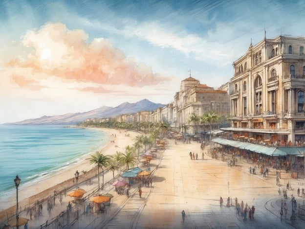 Auf dem Bild ist eine malerische Küstenlandschaft zu sehen. Im Vordergrund erstreckt sich eine breite Promenade, die von Palmen gesäumt ist. An der Promenade befinden sich orange und blaue Sonnenschirme, die gemütliche Sitzgelegenheiten in einem Außenbereich darstellen.Die Umgebung zeigt einen langen Sandstrand, der sich sanft ins türkisblaue Wasser des Meeres erstreckt. Im Hintergrund sind Berge sichtbar, die die Küste umrahmen. Auch mehrere Gebäude, darunter beeindruckende, historische Bauwerke, sind zu erkennen, was auf eine belebte Touristenregion hinweist. Der Himmel ist teilweise bewölkt, wobei sanfte Farben ein angenehmes, warmes Licht erzeugen. Insgesamt vermittelt das Bild eine einladende und entspannte Atmosphäre.