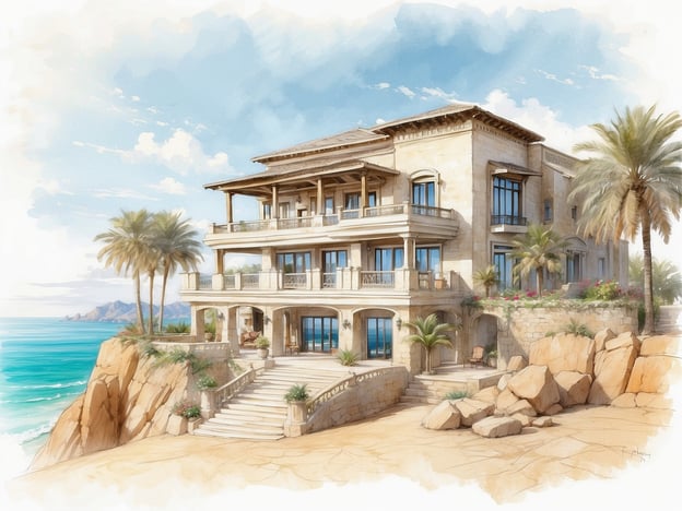 Auf dem Bild ist eine malerische Küstenvilla zu sehen, die an einer Klippe steht und einen Blick auf das Meer bietet. Die Architektur ist elegant, mit zahlreichen Fenstern und Balkonen, um die Aussicht zu genießen, umgeben von Palmen und blühenden Pflanzen.### Überblick über das Al Baleed Resort SalalahDas Al Baleed Resort Salalah ist ein luxuriöses Strandresort in Oman. Es liegt in der Nähe der UNESCO-geschützten Ruinen von Al Baleed und bietet eine Kombination aus modernem Komfort und traditionellem omanischem Flair. Die Unterkunft umfasst elegante Suiten und Villen, die oft mit privaten Pools und herrlichem Meerblick ausgestattet sind. Gäste können eine Vielzahl von Annehmlichkeiten genießen, darunter erstklassige Restaurants, Wellnessangebote und verschiedene Freizeitaktivitäten wie Wassersport und kulturelle Ausflüge. Das Resort ist ideal für Reisende, die sowohl Erholung als auch kulturelle Erlebnisse suchen.
