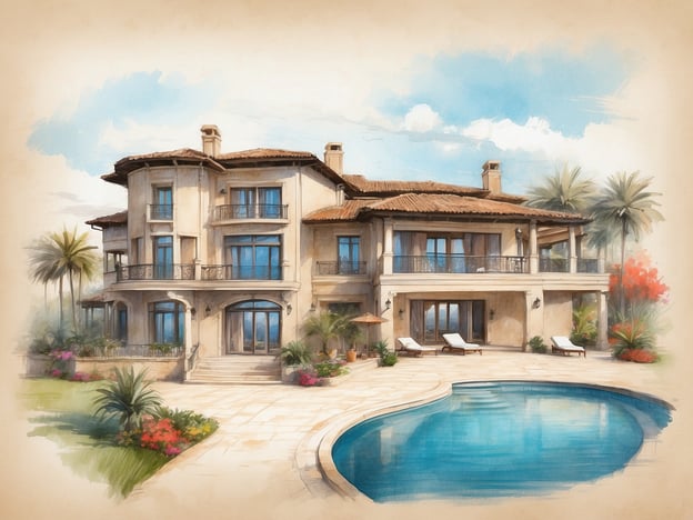 Auf dem Bild ist eine beeindruckende Villa zu sehen, die mit einem großen Pool ausgestattet ist. Die Unterkunft wirkt elegant und luxuriös, umgeben von üppigen Pflanzen und farbenfrohen Blumen.Aus den Fenstern sieht man, dass die Räume lichtdurchflutet sind, was eine angenehme Atmosphäre schafft. Es gibt Sonnenschirme und Liegen am Pool, die für Entspannung und Erholung einladen. Die Terrassen und Balkone bieten zudem einen schönen Ausblick auf die Umgebung. Diese Villa scheint ideal für einen komfortablen Aufenthalt zu sein, sei es für Urlauber oder eine luxuriöse Feier.