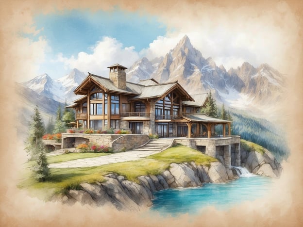 Auf dem Bild ist eine malerische Lodge oder ein Resort zu sehen, eingebettet in eine hügelige, bergige Landschaft mit schneebedeckten Gipfeln und einem ruhigen Gewässer im Vordergrund. Die Architektur ist rustikal und elegant, mit einer Kombination aus Holz und Stein.Das Al Jabal Al Akhdar Resort in Oman ist bekannt für seine beeindruckende Lage in den Hohen Gebirgen des Sultanats. Es bietet luxuriöse Unterkünfte, atemberaubende Ausblicke auf die umliegenden Landschaften und zahlreiche Aktivitäten wie Wandern und Entspannen in der Natur. Das Resort verbindet modernen Komfort mit traditioneller omanischer Architektur und ist ein beliebter Ort für Reisende, die sowohl Abenteuer als auch Erholung suchen.