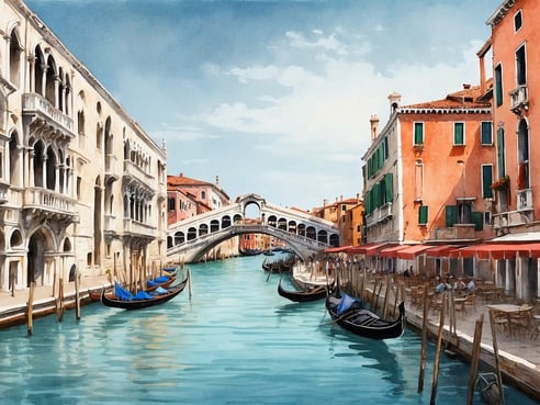 Eine malerische Ansicht des Canal Grande in Venedig, in der sich der berühmte Rialtobrücke über das glitzernde Wasser spannt. Umgeben von historischen Palästen und bunten Gebäuden, an der Uferpromenade laden gemütliche Cafés mit roten Sonnenschirmen zum Verweilen ein. Mehrere Gondeln schippern sanft auf dem Wasser, während die blauen Segel ein lebhaftes Farbenspiel bieten. Die Szene strahlt den unverwechselbaren Charme der Stadt der Kanäle aus, die für ihre atemberaubenden Sehenswürdigkeiten bekannt ist.