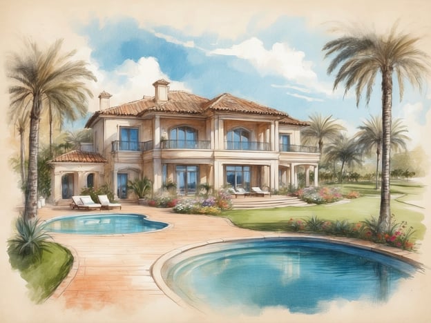 Auf dem Bild ist eine malerische Zeichnung eines eleganten Hauses mit mediterranem Stil zu sehen. Es hat einen hellen Putz, ein gepflastertes Dach und große Fenster. Vor dem Haus befinden sich zwei Pools, umgeben von tropischen Pflanzen und Palmen.Das Anantara Vilamoura ist ein luxuriöses Resort in Portugal, das sich durch seine wunderschöne Architektur und die idyllische Lage auszeichnet. Es bietet eine Vielzahl von Annehmlichkeiten wie einen Golfplatz, Wellnessangebote und erstklassige Gastronomie. Die Umgebung ist geprägt von schönen Landschaften und einem angenehmen Klima, was es zu einem idealen Ziel für Erholungssuchende macht.