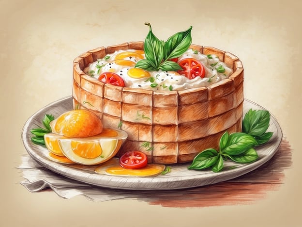 Auf dem Bild ist eine köstliche kulinarische Kreation zu sehen. In einem kunstvoll geflochtenen Waffelbecher sind verschiedene Zutaten vereint. Oben leuchten frische Kirschtomaten und Eier, die zusammen mit Kräutern wie Basilikum angereichert sind und einen appetitlichen Eindruck hinterlassen.Neben dem Waffelbecher liegen saftige Orangenschnitze, die für eine erfrischende Note sorgen. Diese Kombination aus herzhaften und fruchtigen Elementen macht das Gericht nicht nur ansprechend, sondern auch vielseitig und geschmackvoll. Ein wahrer Genuss für die Augen und den Gaumen!