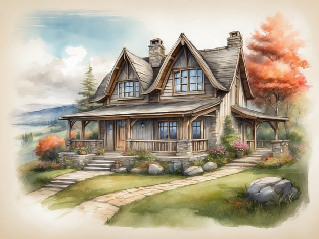 Auf dem Bild ist ein charmantes, zweigeschossiges Holzhaus zu sehen. Die Architektur ist im rustikalen Stil gehalten, mit einem steilen Dach und großen Fenstern, die viel Licht hereinlassen.Die Ausstattung umfasst eine einladende Veranda mit Holzgeländer, die zu einem gepflegten Garten führt, in dem bunte Blumen und Sträucher blühen. Der Weg zum Haus ist aus Steinplatten gestaltet und fügt sich harmonisch in die Umgebung ein.Um das Haus herum sind Bäume zu sehen, die eine malerische Landschaft schaffen, was insgesamt ein schönes, naturnahes Wohnambiente vermittelt.
