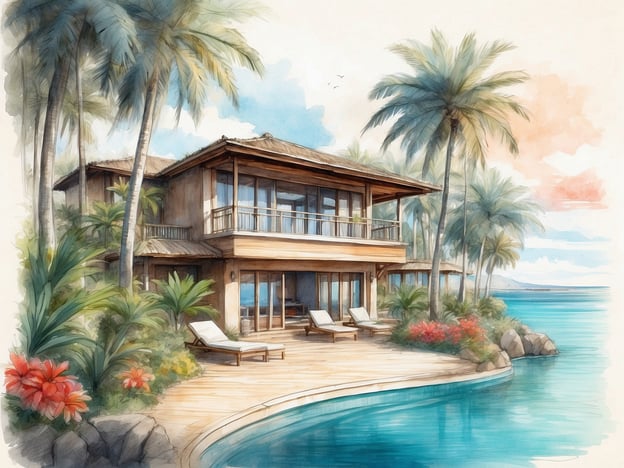 Auf dem Bild ist eine idyllische Landschaft zu sehen, die ein luxuriöses Resort an einem tropischen Ort darstellt. Es zeigt ein schönes, modernes Gebäude, das von Palmen und bunten Blumen umgeben ist. Das Resort hat große Fenster, die den Blick auf das Wasser ermöglichen, und eine Holzterrasse mit Liegen zum Entspannen.In Bezug auf die Geschichte des Banana Island Resorts könnte man sagen, dass es ein wunderbarer Ort ist, der Gästen exklusive Erlebnisse in einer malerischen Umgebung bietet. Solche Resorts sind bekannt für ihre Gestaltung, die Naturschönheit mit Komfort verbindet und ideal für Erholungssuchende ist. Banana Island Resort könnte mithilfe von Umweltbewusstsein und einem Fokus auf Kultur einzigartige Angebote schaffen, die Besuchern eine unvergessliche Zeit bieten.