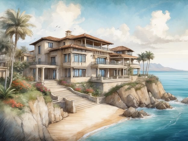 Auf dem Bild ist eine malerische Villa zu sehen, die an der Küste liegt. Sie ist umgeben von tropischen Pflanzen, darunter Palmen und farbenfrohe Blumen. Die Architektur wirkt elegant und luxuriös, mit großen Fenstern, die einen schönen Blick auf das Meer bieten. Die Villa scheint sich auf einer Klippe zu befinden, von wo aus die Gäste direkt zum Strand gelangen können.Die Maia Seychelles Villas bieten einen atemberaubenden Blick auf die bezaubernden Strände der Seychellen und zeichnen sich durch exklusive, private Unterkünfte aus. Jede Villa bietet Komfort und Luxus, ideal für Erholung und Entspannung. Die Umgebung wird von üppiger Natur und einer ruhigen Atmosphäre geprägt, was den Aufenthalt zu einem unvergesslichen Erlebnis macht.