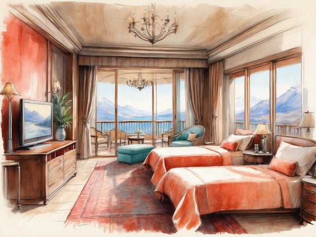 Auf dem Bild ist ein elegantes Hotelzimmer zu sehen. Es verfügt über zwei Einzelbetten mit komfortabler Bettwäsche in warmen Farbtönen. Neben den Betten befinden sich Nachttische mit Lampen. An einer Wand steht ein Fernseher, und im Raum gibt es eine stilvolle Kommode.Besonders auffällig ist der große Balkon mit Blick auf eine wunderschöne Landschaft, die Berge und Wasser zeigt. Der Raum hat große Fenster, die viel Tageslicht hereinlassen und eine offene, einladende Atmosphäre schaffen. Zudem gibt es einen gemütlichen Sessel und eine kleine Sitzecke, die zur Entspannung einlädt. Insgesamt vermittelt das Zimmer den Eindruck von Luxus und Komfort.