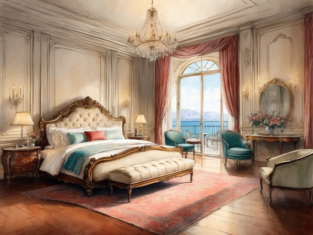 Auf dem Bild ist ein elegantes Schlafzimmer in einem Luxusresort zu sehen. Der Raum ist großzügig gestaltet und verfügt über ein großes, opulent gestaltetes Bett mit hochwertigen Kissen. An den Wänden sind stilvolle Verzierungen zu erkennen, und es gibt eine schöne chandelier.Durch die Fenster blickt man auf eine atemberaubende Aussicht, möglicherweise auf ein Meer oder einen See. In der Mitte des Raumes steht eine bequeme Ottomane, und um den Raum verteilt gibt es stilvolle Sessel und einen Tisch, die zum Entspannen einladen. Die Kombination aus warmen Farben und luxuriösen Möbeln schafft eine einladende Atmosphäre, die perfekt für eine entspannende Auszeit im Resort ist.