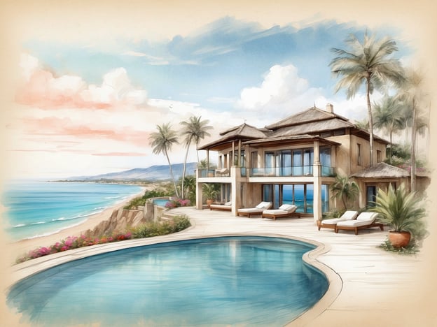 Auf dem Bild ist eine malerische Küstenvilla zu sehen, die an einem schönen Strand liegt. Die Architektur wirkt modern und hell, mit großen Fenstern, die den Blick auf das Meer freigeben. Der Außenbereich umfasst einen Pool und Sonnenliegen, umgeben von tropischen Pflanzen und Blumen.In Bezug auf das Peace Haven Tangalle Resort könnte man sagen, dass dieses Resort ähnliche Elemente aufweist, indem es luxuriöse Unterkünfte bietet, die direkt am Strand liegen und einen atemberaubenden Blick auf den Ozean ermöglichen. Die entspannte Atmosphäre und die traumhafte Umgebung laden zum Entspannen und Genießen ein.