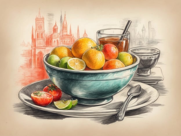 Auf dem Bild sehen wir eine stilvolle Komposition mit einer großen Schüssel, die mit verschiedenen Obstsorten gefüllt ist, darunter Orangen, Zitronen und einige kleine Tomaten. Die Farben der Früchte sind lebhaft und ansprechend, was Lust auf frische, gesunde Snacks macht.Neben der Obstschüssel stehen drei Getränke: ein Glas mit einem dunklen Getränk und zwei kleinere Tassen, die möglicherweise Kaffee oder Tee enthalten. Diese Kombination aus frischen Früchten und Getränken könnte ein wunderbares kulinarisches Erlebnis darstellen, ideal für ein Frühstück oder einen entspannenden Nachmittag. Die Hintergrundillustration vermittelt eine nostalgische Atmosphäre, die das Gefühl eines gemütlichen Cafés heraufbeschwört.