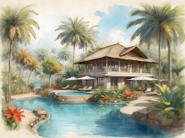 Auf dem Bild ist ein malerisches Resort zu sehen, umgeben von tropischen Pflanzen und Palmen. Im Vordergrund fließt ein Pool in geschwungener Form, der einladend wirkt. An den Rändern des Pools sind Liegen und Sonnenschirme verteilt, die einen entspannten Aufenthalt versprechen. Im Hintergrund steht ein zweigeschossiges Gebäude mit traditionellem Dach und großen Fenstern, die viel Tageslicht hineinlassen.Diese Art von Resort in Chiang Mai könnte eine Kombination aus modernen Annehmlichkeiten und traditioneller thailändischer Architektur bieten. Es ist ideal für Erholungssuchende, die die Schönheit der Natur genießen und gleichzeitig in einem komfortablen Umfeld entspannen möchten. Das Resort könnte auch Aktivitäten wie Spa-Behandlungen und Yoga-Kurse anbieten, um das Wohlbefinden der Gäste zu fördern.