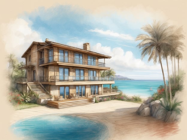 Auf dem Bild ist eine beeindruckende Villa am Strand zu sehen. Sie verfügt über mehrere Stockwerke und große Fenster, die einen herrlichen Blick auf das Meer bieten. Die Außenanlagen umfassen eine Terrasse mit bequemen Stühlen und einen Pool, ideal für Entspannung.Die Unterkunft könnte verschiedene Zimmeroptionen bieten, wie:1. **Deluxe Zimmer**: Mit privatem Balkon und Meerblick.2. **Familienzimmer**: Geräumig und mit mehreren Betten für Gruppen.3. **Für Paare**: Romantische Suiten mit Whirlpool und Ausblick auf den Sonnenuntergang.Zusätzlich gibt es wahrscheinlich Annehmlichkeiten wie einen Poolbereich, Gartenflächen und direkten Zugang zum Strand.