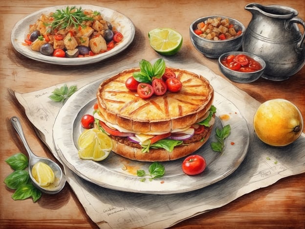 Auf dem Bild ist ein köstlich angerichtetes kulinarisches Erlebnis zu sehen. Im Vordergrund befindet sich ein üppiges Sandwich, das mit frischen Zutaten wie Tomaten, grünen Blättern und Zwiebeln geschichtet ist. Neben dem Sandwich gibt es eine Limette und Basilikumblätter, die zusätzliches Aroma versprechen.Auf dem Teller im Hintergrund sieht man eine abwechslungsreiche Beilage aus Kartoffeln, Oliven und rotem Paprika, was eine leckere Ergänzung zum Hauptgericht darstellt. Dazu kommen kleine Schalen mit Saucen, die dem Essen eine besondere Note verleihen. Insgesamt wirkt das Arrangement sehr einladend und spricht die Sinne an, was den Genuss vor Ort zu einem ganz besonderen Erlebnis macht.