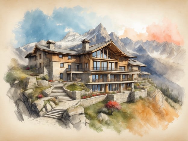 Das Bild zeigt eine skizzierte Darstellung eines großen, eleganten Gebäudes, das wahrscheinlich ein Resort oder eine Bergunterkunft ist. Es ist von einer malerischen Landschaft umgeben, mit Bergen im Hintergrund und schönen Pflanzungen im Vordergrund.### Überblick über das Chiang Rai Golden Triangle Resort:Das Chiang Rai Golden Triangle Resort liegt im Herzen des berühmten Goldenen Dreiecks, wo Thailand, Laos und Myanmar aufeinandertreffen. Es bietet Luxusunterkünfte mit atemberaubendem Blick auf die umliegende Natur. Die Anlage ist bekannt für ihre ruhige Atmosphäre und eine Vielzahl von Annehmlichkeiten, einschließlich:- **Komfortable Zimmer:** Geräumige Zimmer mit modernen Annehmlichkeiten.- **Wellnessangebote:** Spabereich für Entspannung und Erholung.- **Aktivitäten:** Möglichkeiten für Exkursionen und kulturelle Erlebnisse in der Umgebung.- **Gastronomie:** Restaurants, die lokale und internationale Küche anbieten.Das Resort ist ideal für Reisende, die Natur erleben und gleichzeitig luxuriösen Komfort genießen möchten.