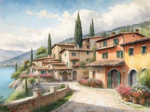 Eine malerische Küstenstraße in einem italienischen Dorf am See, umgeben von charmanten Häusern mit terrakottadach und bunten Fensterläden. Die Häuser sind von blühenden Pflanzen und Blumen in Töpfen umgeben. Im Hintergrund sind sanfte Hügel und Berge zu sehen, während der ruhige See glitzert. Die Atmosphäre ist friedlich und einladend, ideal für einen entspannten Familienurlaub in Venetien.
