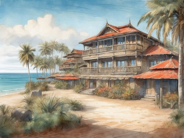 Auf dem Bild ist eine malerische Küstenlandschaft zu sehen, die von tropischen Palmen und einem weiten Sandstrand geprägt ist. Im Hintergrund steht ein charmantes Holzgebäude mit roten Dächern, das an die traditionellen Architektur von Hua Hin erinnert.Hua Hin, ursprünglich ein kleines Fischerdorf, entwickelte sich im frühen 20. Jahrhundert zu einem beliebten Urlaubsort, nachdem der thailändische König Rama VII. ihn als Sommerrückzugsort entdeckte. Die Mischung aus natürlichen Schönheiten, historischen Gebäuden und einem entspannten Lebensstil zieht auch heute noch viele Besucher an. Das Bild fängt die ruhige Atmosphäre und die zeitlose Schönheit dieser Region ein.