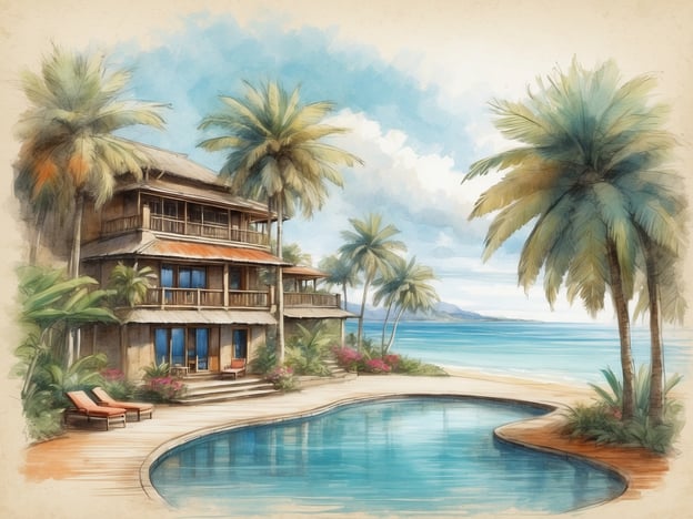 Auf dem Bild ist ein malerisches Resort zu sehen, das an einem schönen Strand liegt. Man sieht ein zweigeschossiges Gebäude mit einem offenen Balkon, das von Palmen und tropischer Vegetation umgeben ist. Vor dem Gebäude befindet sich ein Pool, der sanft in die Landschaft integriert ist. Das klare Wasser des Pools reflektiert die Umgebung, während im Hintergrund der Ozean und der Himmel zu sehen sind, was eine entspannende und tropische Atmosphäre schafft.Das Lawana Resort ist bekannt für seine idyllische Lage und bietet Gästen Annehmlichkeiten wie den Zugang zu einem privaten Strand, luxuriöse Suiten und verschiedene Freizeitmöglichkeiten. Es ist ein idealer Ort für Erholung und Entspannung, umgeben von der Schönheit der Natur.