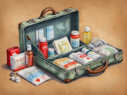 Eine geöffnete Reiseapotheke zeigt eine grüne Tasche, die mit verschiedenen Medikamenten und Hilfsmitteln gefüllt ist. Im Inneren befinden sich zahlreiche Verpackungen von Arzneimitteln, darunter Fläschchen, Tabletten und Salben, sorgfältig angeordnet. An der linken Seite liegt eine rote Erste-Hilfe-Box sowie einige weitere medizinische Produkte in kleinen Päckchen. Diese Aufstellung vermittelt einen gut organisierten Überblick über die wichtigen Utensilien für die Gesundheit von Babys auf Reisen.