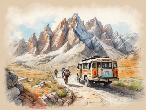 Auf dem Bild sieht man eine beeindruckende Berglandschaft mit großen, majestätischen Gipfeln. Im Vordergrund ist ein Weg zu sehen, auf dem mehrere Wanderer mit Rucksäcken unterwegs sind, während ein buntes Fahrzeug, wahrscheinlich ein Offroad-Bus, in der Nähe parkt.In dieser Umgebung könnte man viele Aktivitäten unternehmen, wie z.B.:1. **Wanderungen**: Es gibt zahlreiche Wanderwege, die zu atemberaubenden Aussichtspunkten führen.2. **Camping**: Man könnte in der Nähe zelten und die Natur hautnah erleben.3. **Fotografie**: Die beeindruckende Landschaft eignet sich hervorragend für Landschafts- und Naturfotografie.4. **Klettern**: Für Abenteuerlustige gibt es sicher auch Möglichkeiten zum Bergsteigen oder Klettern an den Felsen.5. **Naturerkundungen**: Man könnte die lokale Flora und Fauna entdecken und vielleicht sogar geführte Touren buchen.Die Umgebung bietet viele Möglichkeiten für Outdoor-Aktivitäten und Abenteuer in der Natur.