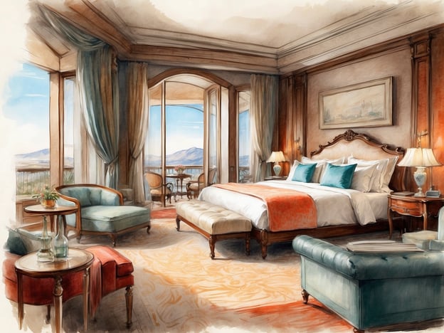 Das Bild zeigt ein elegantes Hotelzimmer in einem luxuriösen Resort. Der Raum ist hell und einladend gestaltet, mit großen Fenstern, die einen atemberaubenden Ausblick auf die umliegende Landschaft bieten. Das Bett ist großzügig und komfortabel, mit geschmackvollen Kissen und einer stilvollen Bettdecke.Es gibt mehrere gemütliche Sitzgelegenheiten, darunter ein gepolsterter Sessel und ein kleiner Tisch, der mit dekorativen Elementen wie Blumen und Getränken geschmückt ist. Die Farben im Raum sind sanft und harmonisch, was zur entspannenden Atmosphäre beiträgt. Insgesamt vermittelt das Zimmer den Eindruck von Luxus und Komfort, ideal für einen entspannenden Aufenthalt im Resort.