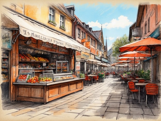 Auf dem Bild ist eine charmante Straßenansicht mit einem kleinen Markt oder Bistro zu sehen. Im Vordergrund steht ein Verkaufsstand mit frischem Obst und Gemüse, während Tische mit roten Stühlen im Freien zum Verweilen einladen. Die Atmosphäre wirkt lebhaft und einladend.**Insider Tipps:**1. **Frische Produkte genießen:** Wenn du dort bist, solltest du unbedingt die frischen Früchte probieren. Oft haben solche Stände lokale Spezialitäten, die es wert sind, entdeckt zu werden.2. **Essen im Freien:** Setz dich an einen der Tische und genieße die Atmosphäre. Frisch zubereitete Speisen sind oft an solchen Orten besonders schmackhaft.3. **Fotomöglichkeiten:** Diese Art von Umgebung bietet viele fotogene Spots. Vergiss deine Kamera nicht, um die schönen Farben und die Architektur festzuhalten.4. **Frühstück oder Snack:** Wenn es eine kleine Cafeteria gibt, frage nach lokalen Backwaren oder Spezialitäten. Oft sind diese frisch und hausgemacht.5. **Fragen stellen:** Zögere nicht, mit den Verkäufern oder Kellnern zu plaudern. Sie können dir oft die besten Empfehlungen für das Essen oder die Umgebung geben.