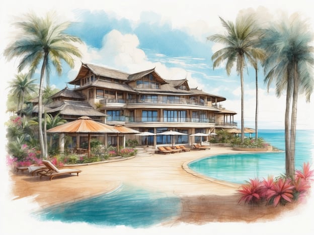 Auf dem Bild ist eine künstlerische Skizze eines Resorts zu sehen, das an einem Strand liegt. Es zeigt ein modernes, mehrstöckiges Gebäude, umgeben von Palmen und üppiger Vegetation. Im Vordergrund sind Sonnenliegen und Schirme zu sehen, die eine entspannte Atmosphäre schaffen. Der Außenbereich scheint ein Schwimmbecken zu haben, das direkt zur Küste führt, und im Hintergrund sieht man das Meer unter einem hellen Himmel.Das Layan Resort ist bekannt für seine luxuriöse Ausstattung und die idyllische Lage. Es bietet Annehmlichkeiten wie Spa-Behandlungen, insgesamt entspannende Umgebungen und Zugang zu privaten Stränden, was es zu einem zauberhaften Ziel für Erholungssuchende macht. Die Kombination aus Natur und moderner Architektur schafft eine harmonische Atmosphäre, die den Gästen ein unvergessliches Erlebnis verspricht.