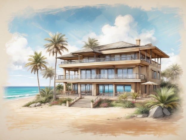 Auf dem Bild ist ein elegantes Strandhaus zu sehen, umgeben von Palmen. Es hat mehrere Stockwerke mit großen Fenstern, die einen Blick auf den Ozean bieten. Vor dem Haus führt eine Treppe zu einem Bereich mit Sand, der direkt am Meer liegt. Die Architektur wirkt modern und einladend, ideal für eine entspannte Zeit am Strand.Die Lage von Layan Residences in Phuket ist bekannt für ihre schönen Strände und luxuriösen Villen, und das abgebildete Haus könnte gut in dieses malerische Umfeld passen.