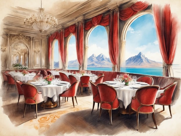 Auf dem Bild ist ein eleganter Restaurantbereich zu sehen, der durch große Fenster mit Blick auf Berge und Wasser geprägt ist. Der Raum ist geschmackvoll eingerichtet, mit runden Tischen, weißen Tischdecken und roten Stühlen.In Bezug auf die Gastronomieerlebnisse bei Layan Residences könnten solche beeindruckenden Kulissen eine exquisite kulinarische Erfahrung bieten. Gäste können sich auf exquisite Speisen freuen, die durch die atemberaubende Aussicht und die luxuriöse Atmosphäre bereichert werden. Die Kombination aus erstklassigem Service und einer unvergesslichen Umgebung schafft ein einzigartiges Gastronomieerlebnis, das den Aufenthalt in Layan Residences zu etwas Besonderem macht.