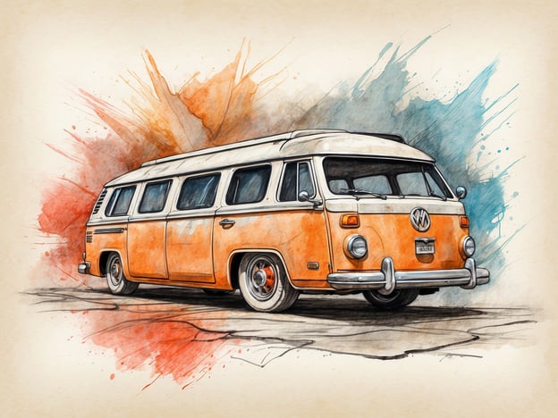 Auf dem Bild ist ein orangefarbener Volkswagen-Bus zu sehen. Es handelt sich um eine künstlerische Darstellung, die mit Wasserfarben und Aquarellstil einen lebendigen Hintergrund in verschiedenen Farben kombiniert. Der VW-Bus ist ein klassisches Fahrzeug, das oft mit Freiheit, Abenteuer und Reisen assoziiert wird.Im Sinne von „Dialog im Dunkeln“ könnte man sagen, dass diese Darstellung dazu anregt, die Sinne auf andere Weise zu erleben, indem man die Form und die Farben im Kopf entstehen lässt, ähnlich wie bei der Erfahrung, in der Dunkelheit zu sein und den Fokus auf andere Wahrnehmungen zu lenken.