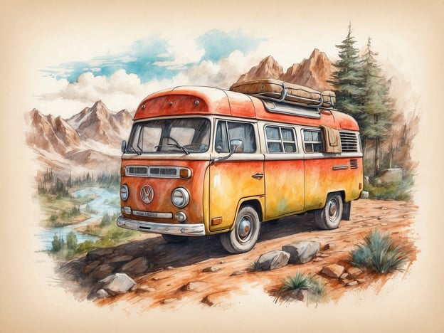 Auf dem Bild ist ein farbenfroher Volkswagen-Bus zu sehen, der in einer malerischen Landschaft geparkt ist. Die Umgebung besteht aus Bergen und einem Fluss, was auf eine ideale Kulisse für Outdoor-Aktivitäten hinweist.Dieser Bus könnte perfekt für Aktivitäten wie Camping, Roadtrips oder Picknicks genutzt werden. Er spricht Abenteuerlustige an, die die Natur genießen möchten. Außerdem könnte man in der Umgebung Wandern, Angeln oder einfach nur die Ruhe der Natur genießen. Solche Freizeitaktivitäten bieten viele Möglichkeiten zur Entspannung und Erholung.
