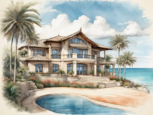 Auf dem Bild ist eine malerische Villa zu sehen, die in einer tropischen Umgebung am Meer liegt. Die Architektur der Villa ist elegant und einladend, mit großen Fenstern, einem schönen Pool und umgeben von Palmen und bunten Blumen. Die Aussicht auf das Meer und der Himmel mit leichten Wolken tragen zur Schönheit der Szene bei.Die Schönheit von Mai Khao Villas entdecken!