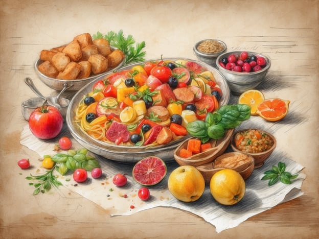 Auf dem Bild ist eine bunte und reichhaltige Auswahl an Speisen zu sehen, darunter eine große Schüssel mit Pasta, die mit verschiedenen frischen Zutaten wie Gemüse und Obst arrangiert ist. Neben der Pasta gibt es auch verschiedene Früchte wie Äpfel, Orangen und Limetten, sowie Beilagen wie kleine Teigstücke oder Dips.Diese kulinarische Vielfalt spiegelt die Philosophie der Anantara Restaurants wider, die für ihre kreative und abwechslungsreiche Küche bekannt sind. Sie legen Wert auf frische, lokale Zutaten und wunderbar präsentierte Gerichte, die sowohl traditionelle als auch moderne Einflüsse vereinen. Es ist ein perfektes Beispiel dafür, wie man mit qualitativ hochwertigen Zutaten außergewöhnliche Geschmäcker zaubern kann.