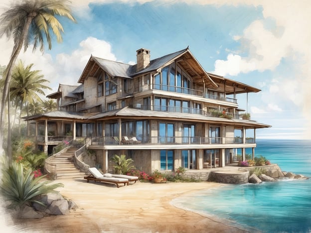 Auf dem Bild ist ein wunderschönes, modernes Resort zu sehen, das direkt am Strand liegt. Es hat eine ansprechende Architektur mit großen Fenstern, die einen malerischen Blick auf das Meer bieten. Umgeben von Palmen und bunten Pflanzen vermittelt es ein tropisches Urlaubsgefühl.Das Al Sahel Resort, angelehnt an diesen Stil, bietet luxuriöse Unterkünfte in einer idyllischen Umgebung. Es ist bekannt für seine erstklassigen Annehmlichkeiten, wie Spa-Bereiche, Restaurants mit lokalem und internationalem Essen sowie Zugang zu Aktivitäten wie Wassersport. Gäste können die Ruhe der Natur genießen und gleichzeitig eine Vielzahl von komfortablen Services erleben, die ihren Aufenthalt unvergesslich machen.
