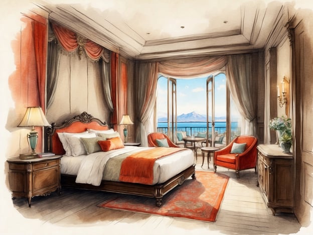 Auf dem Bild ist ein elegantes Schlafzimmer zu sehen. Es gibt ein großes Bett mit gefälliger Bettwäsche, das von zwei stilvollen Nachttischen flankiert wird, die mit Tischlampen ausgestattet sind.Die Wände sind mit dekorativen Vorhängen und Tapeten gestaltet, was dem Raum eine gemütliche Atmosphäre verleiht. Ebenfalls im Zimmer befinden sich zwei bequeme Sessel in einer leuchtenden Farbe, die an einem kleinen Tisch platziert sind, ideal zum Entspannen.Durch die großen Fenster hat man einen atemberaubenden Blick auf eine Landschaft mit Meer und Bergen, was den Raum zusätzlich aufwertet. Eine kleine Blumenarrangement und ein Teppich runden die ansprechende Einrichtung ab.