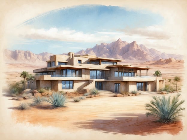 Auf dem Bild ist ein modernes Resortgebäude in einer Wüstenlandschaft zu sehen, umgeben von Felsen und Palmen.Das Qasr Al Sarab Resort ist ein luxuriöses Hotel in der Liwa-Oase in den Vereinigten Arabischen Emiraten. Es ist bekannt für seine beeindruckende Architektur, die sich harmonisch in die atemberaubende Wüstenumgebung einfügt. Die Anlage bietet erstklassige Annehmlichkeiten, darunter ein Spa, erstklassige Restaurants und Schwimmbäder. Die Gäste können eine Vielzahl von Aktivitäten genießen, wie Wüstensafaris, Reiten und Sandboarding, sowie den unvergleichlichen Blick auf die Dünen und den Sternenhimmel. Das Resort ist ein idealer Ort für Entspannung und Abenteuer in der Wüste.
