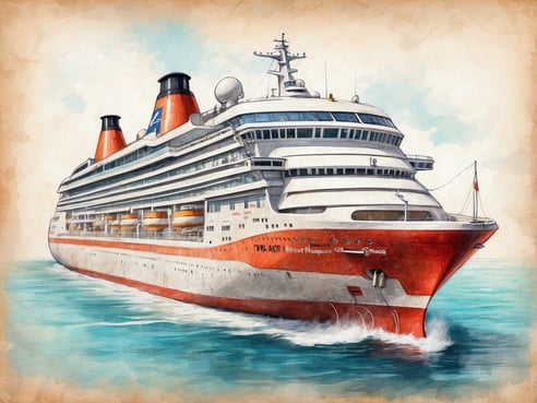 Das Bild zeigt ein großes Kreuzfahrtschiff, das auf ruhigem Wasser fährt. Das Schiff hat einen auffälligen roten Rumpf und mehrere Etagen mit Fenstern. An der Spitze des Schiffes sind zwei hohe Schornsteine in rot und schwarz zu sehen. Die gesamte Szenerie vermittelt ein Gefühl von Abenteuer und Entspannung auf hoher See, ideal für Reisende, die eine Kreuzfahrt unternehmen möchten.